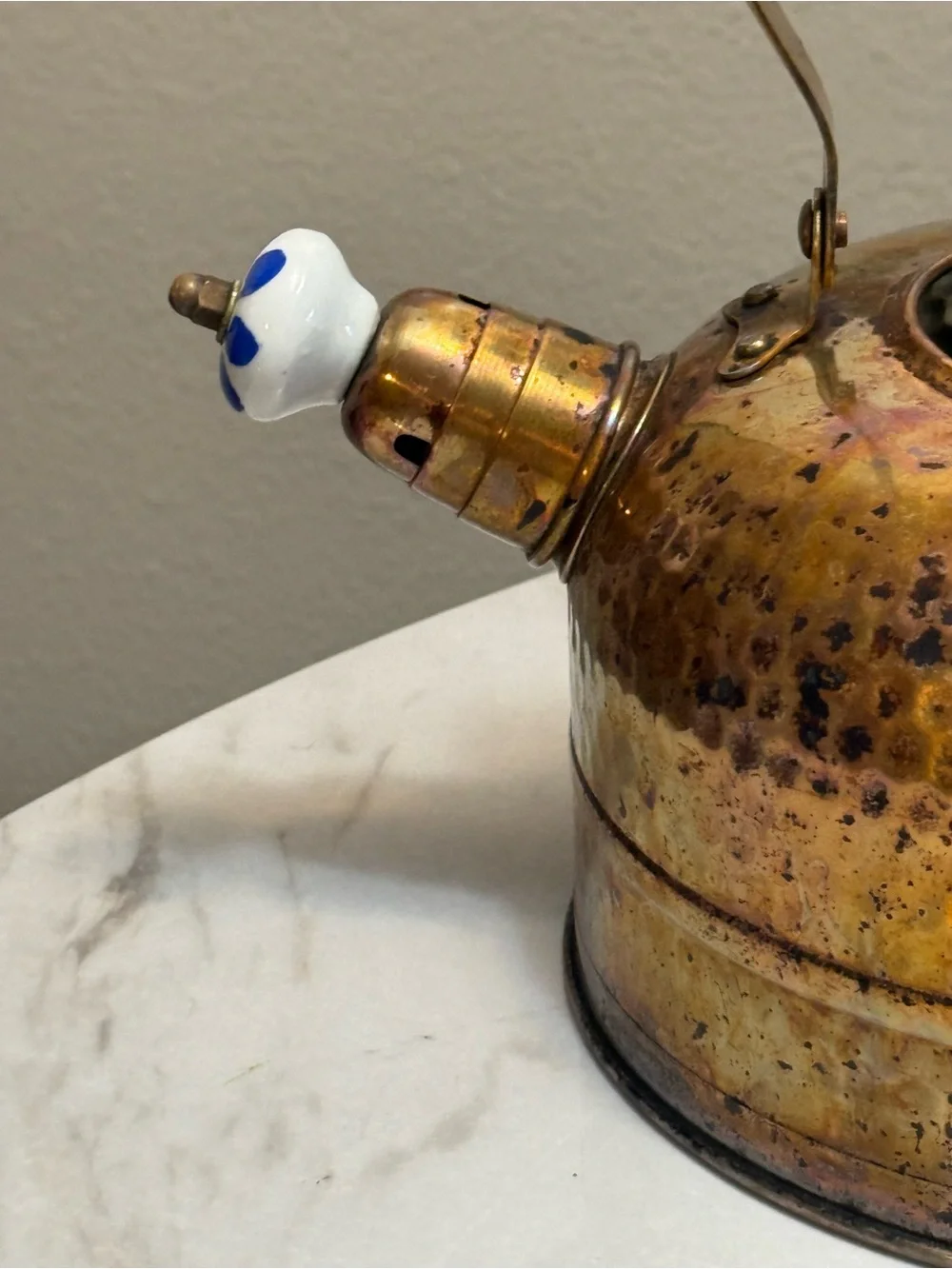 copper hammered tea kettle porcelain hand painted handle & lid knob